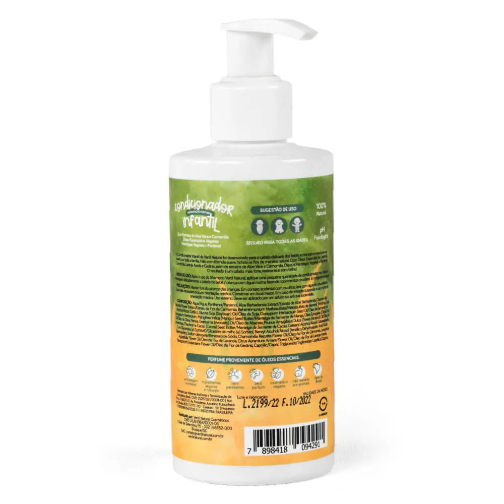 Condicionador Infantil 100% Natural com Extrato de Aloe Vera e Camomila, Óleos Essenciais e Vegetais, Manteigas e Pantenol