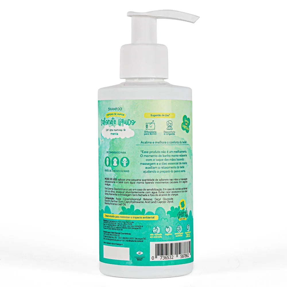 Sabonete Líquido e Shampoo 100% Natural Espuma de Vapor com Óleo Essencial de Menta