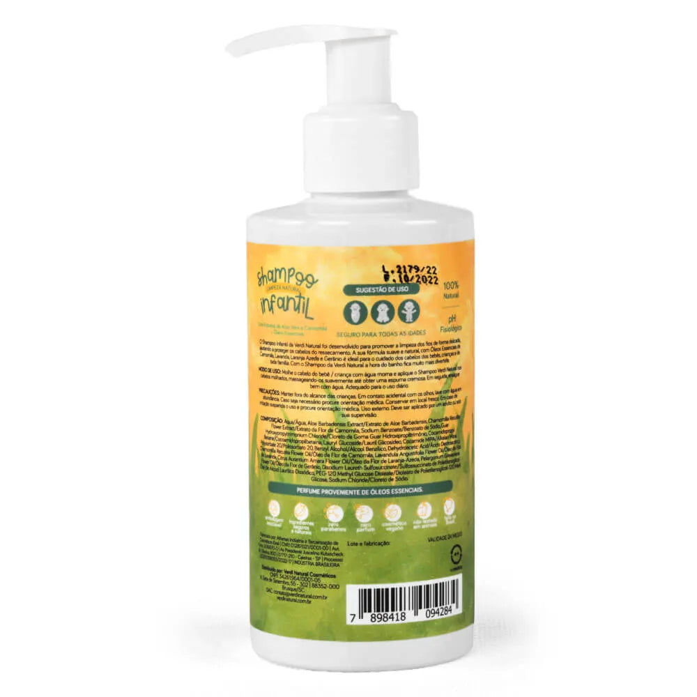Shampoo Infantil 100% Natural com Extratos de Aloe Vera e Camomila + Óleos Essenciais
