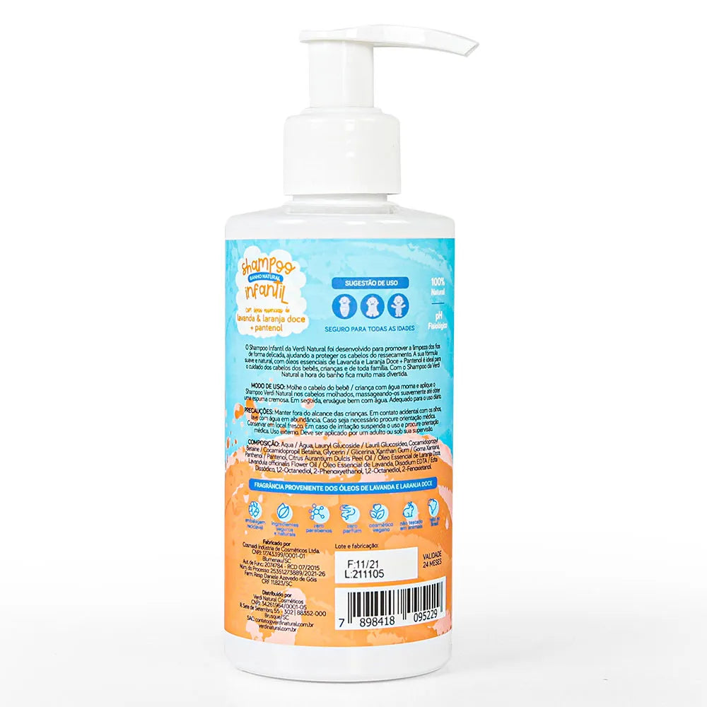 Shampoo Infantil 100% Natural com Óleos essenciais de Lavanda e Laranja doce e Pantenol